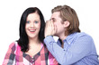 Photo: Whispered secret young woman listening with delight Whispered secret young woman listening with delight