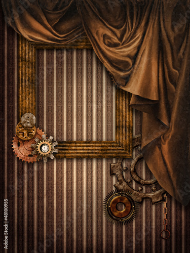 Illustration: Brązowe tło retro z zasłoną i ramką Brązowe tło retro z zasłoną i ramką