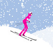 Girl skiing, winter mountain landscape