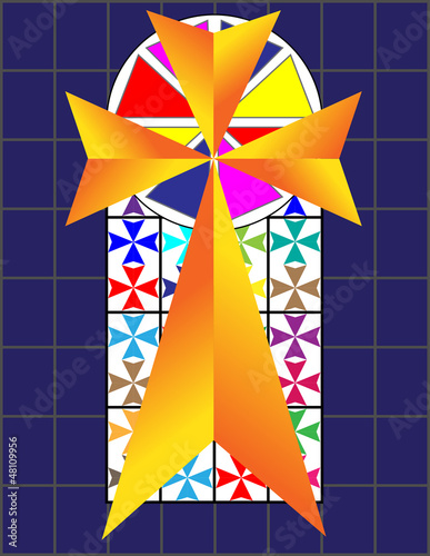 Vector: Cross on The Colorful Cristal Wall in Temple Cross on The Colorful Cristal Wall in Temple