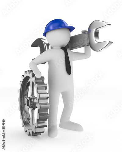 Illustration: Man with wrench on white background. Isolated 3D image Man with wrench on white background. Isolated 3D image