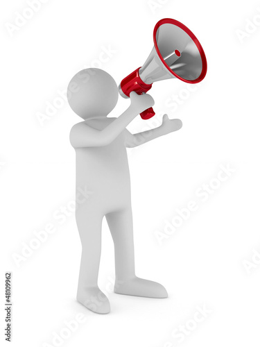 Illustration: orator speaks in megaphone. Isolated 3D image orator speaks in megaphone. Isolated 3D image