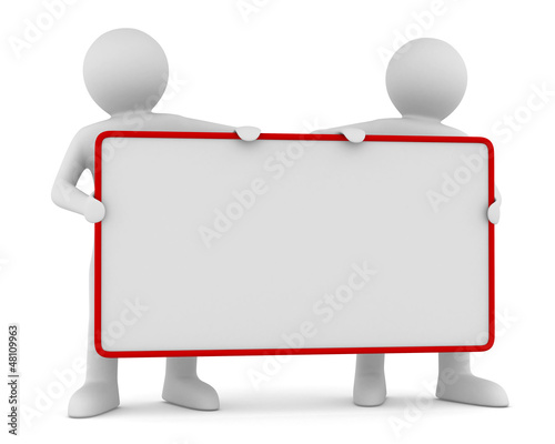 Illustration: two man holds the poster in a hand. 3D image two man holds the poster in a hand. 3D image