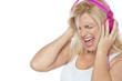 Blonde screaming while listening to rock music