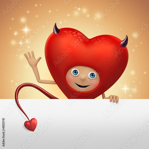 Illustration: funny Valentine devil heart cartoon character holding banner funny Valentine devil heart cartoon character holding banner
