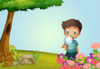 A boy with lense in garden