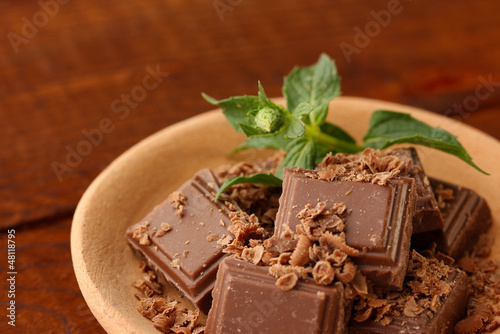 Photo: Pieces of chocolate and mint Pieces of chocolate and mint