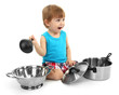 cute little boy with kitchen accessories, isolated on white