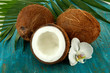 Coconuts with leaves and flower, on blue wooden background