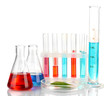 Test-tubes and green leaf tested in petri dish, isolated