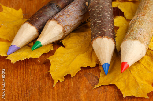 Photo: Colorful wooden pencils with autumn leafs on wooden table Colorful wooden pencils with autumn leafs on wooden table