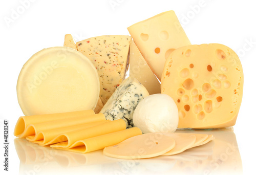 Photo: Various types of cheese isolated on white Various types of cheese isolated on white