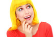 Woman with yellow wig looking up