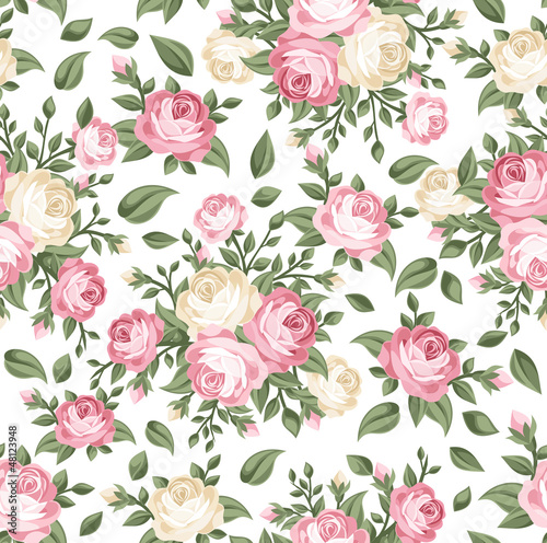  Seamless pattern with pink and white roses. Vector illustration.