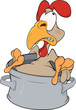 Cockerel and a pan. Cartoon
