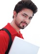 Closeup of a  Indian College Student holding laptop, on white