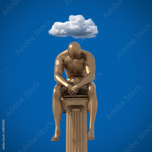 Illustration: Männliche Statue sitzt auf Säule Gold 3D Wolke Männliche Statue sitzt auf Säule Gold 3D Wolke