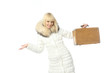 portrait of blonde girl in warm jacket with suitcase