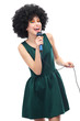 Woman with afro hairstyle doing karaoke