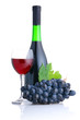 Bottle and glass of red wine with grapes branch isolated