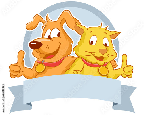 Illustration: Happy Dog and Cat with a blank ribbon Happy Dog and Cat with a blank ribbon