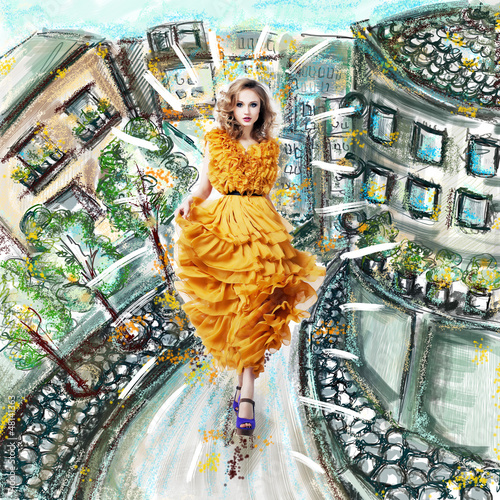 Photo: Fantasy. Futuristic Woman in Fashion Dress. Urban Scenery Fantasy. Futuristic Woman in Fashion Dress. Urban Scenery