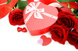 Heart shaped Valentines Day gift box with red roses over white