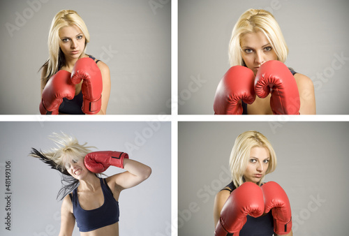 Photo: Collage combination of woman boxer with red gloves Collage combination of woman boxer with red gloves