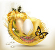 Beautiful easter card with ferns, roses and eggs in nest