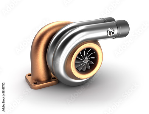 Illustration: Auto turbine 3D concept. Steel turbocharger isolated on white. Auto turbine 3D concept. Steel turbocharger isolated on white.
