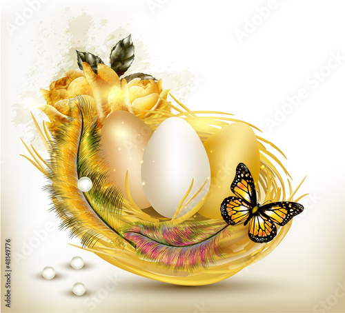 Vector: Beautiful easter card with ferns, roses and eggs in nest Beautiful easter card with ferns, roses and eggs in nest