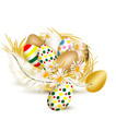 Colorful vector  easter eggs in nest with ferns on a white backg