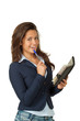 Young girl with agenda on white background