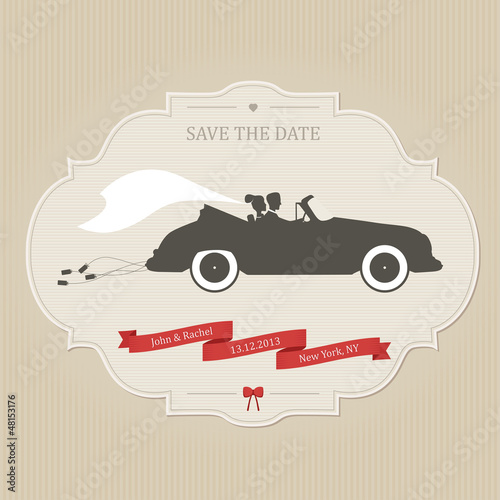 Vector: Funny wedding invitation with vintage car dragging cans Funny wedding invitation with vintage car dragging cans