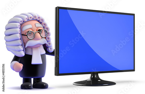 Illustration: Judge stands next to a huge widescreen tv Judge stands next to a huge widescreen tv