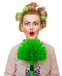 Funny surprised housewife / girl with broom, isolated