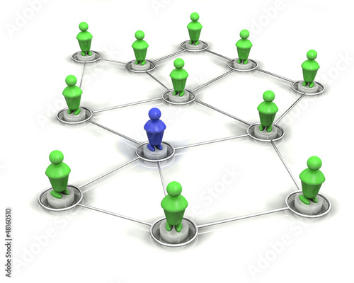 Illustration: 3d green social network people with blue intruder 3d green social network people with blue intruder
