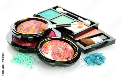 Photo: bright eye shadows and rouge with applicator, isolated on white bright eye shadows and rouge with applicator, isolated on white
