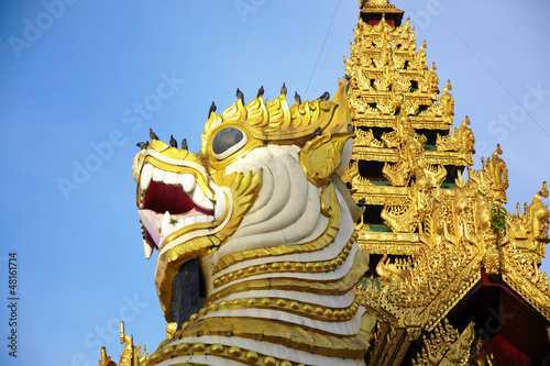 Photo: Singha is white lion guardians in temple,Myanmar. Singha is white lion guardians in temple,Myanmar.