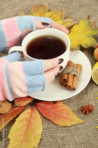 Photo: hands holding cup of hot drink and autumn leaves, hands holding cup of hot drink and autumn leaves,