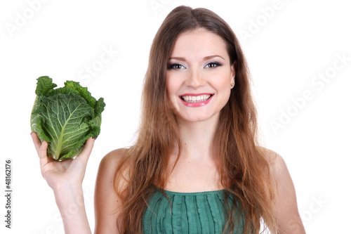 Photo: Beautiful woman with cabbage isolated on white Beautiful woman with cabbage isolated on white