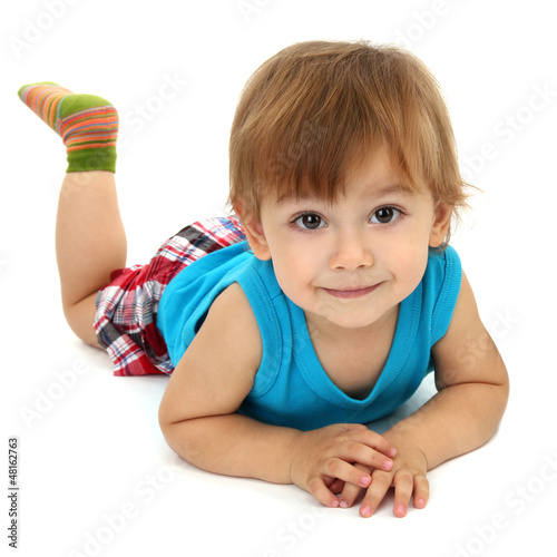 Photo: cute little boy with casserole, isolated on white cute little boy with casserole, isolated on white