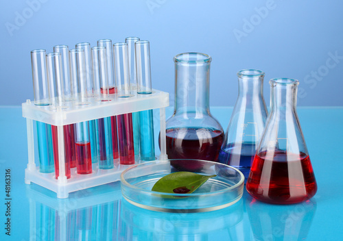 Photo: Test-tubes and green leaf tested in petri dish, Test-tubes and green leaf tested in petri dish,