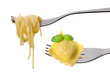 spaghetti and ravioli on forks white background