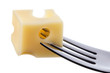 emmental cheese on fork against white background