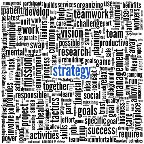 Illustration: Business strategy concept in word tag cloud Business strategy concept in word tag cloud