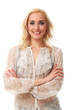 Young beautiful woman smiling over background