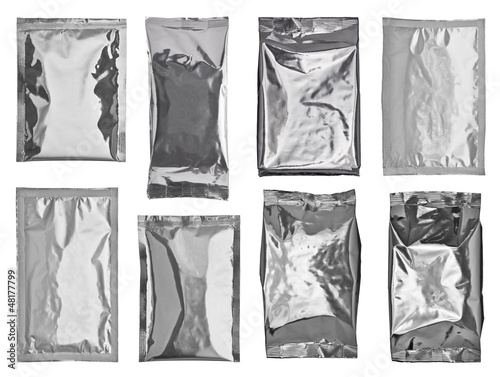 Photo: white silver aluminum paper bag package food template white silver aluminum paper bag package food template