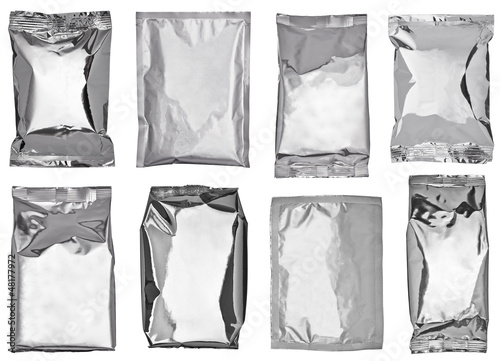 Photo: white silver aluminum paper bag package food template white silver aluminum paper bag package food template