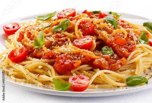Photo: Pasta with meat, tomato sauce, parmesan and vegetables Pasta with meat, tomato sauce, parmesan and vegetables